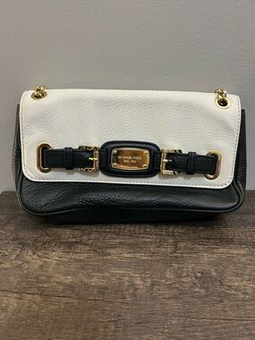 Michael Kors Black & White Hamilton Leather Shoulder Flap Bag with Gold Hardware